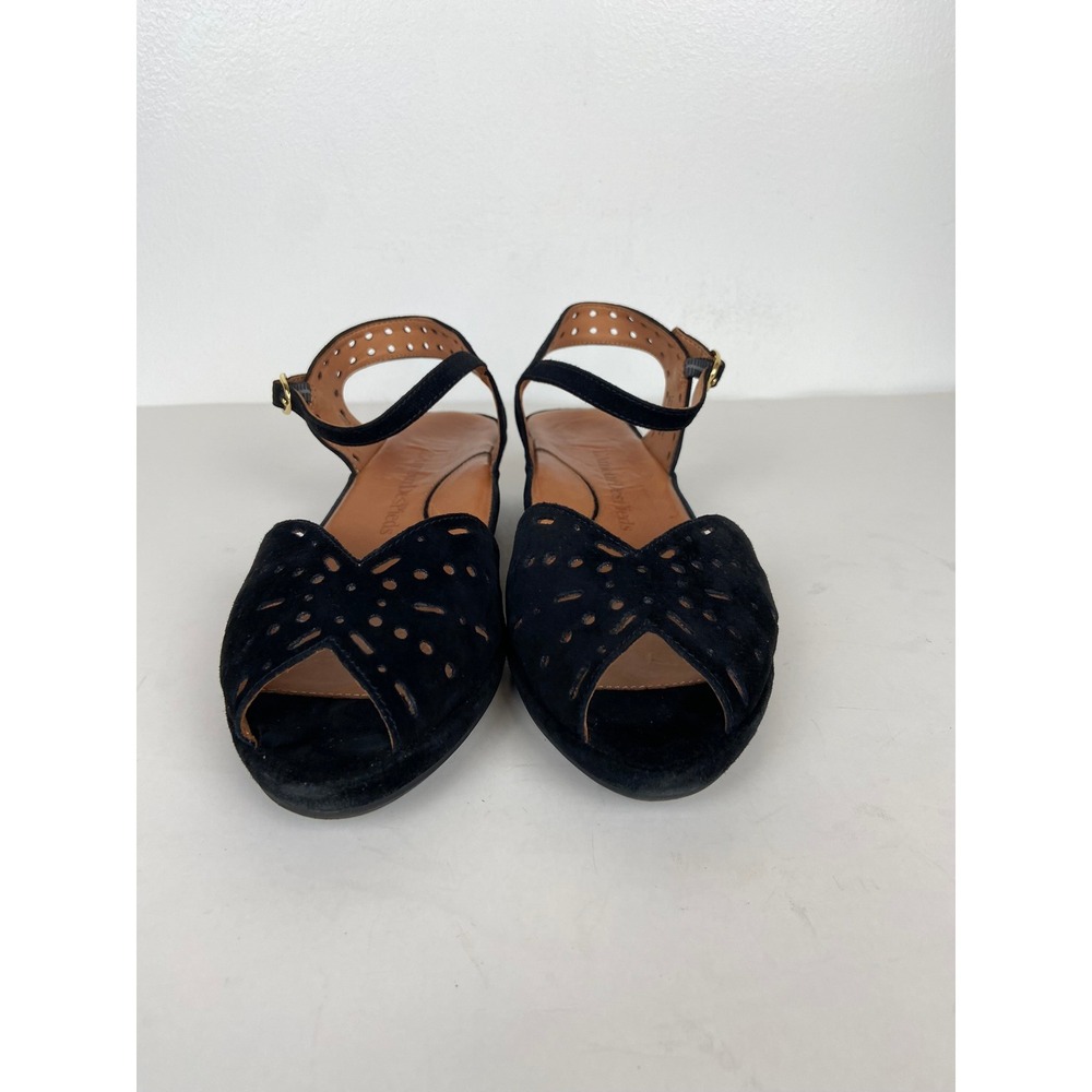 L'amour Des Pieds Brenn Size 8M Black Suede Laser Cut Peep Toe Wedge Sandals - Picture 4 of 10
